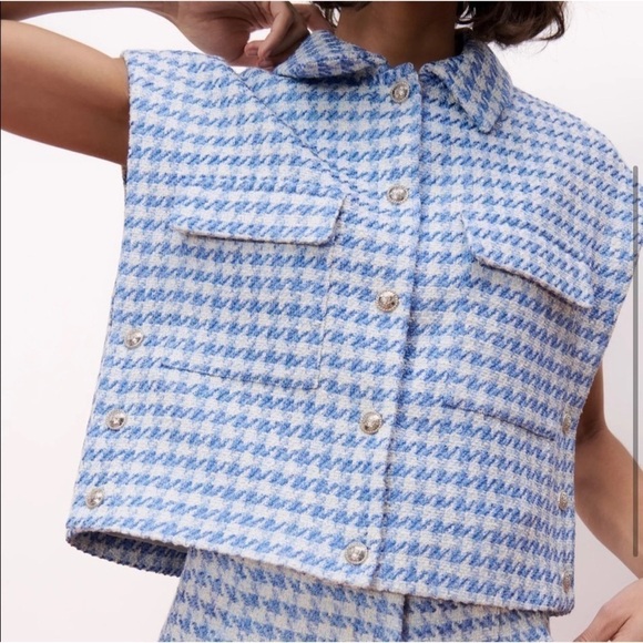 Zara Blue White Tweed Textured Houndstooth Cropped Vest Jacket Size Large - Picture 1 of 10